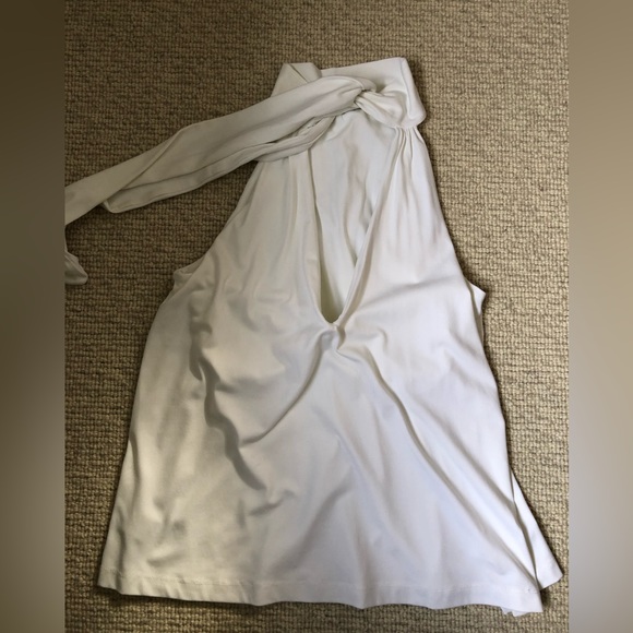 Mockneck white blouse with tie closure. - Picture 4 of 7